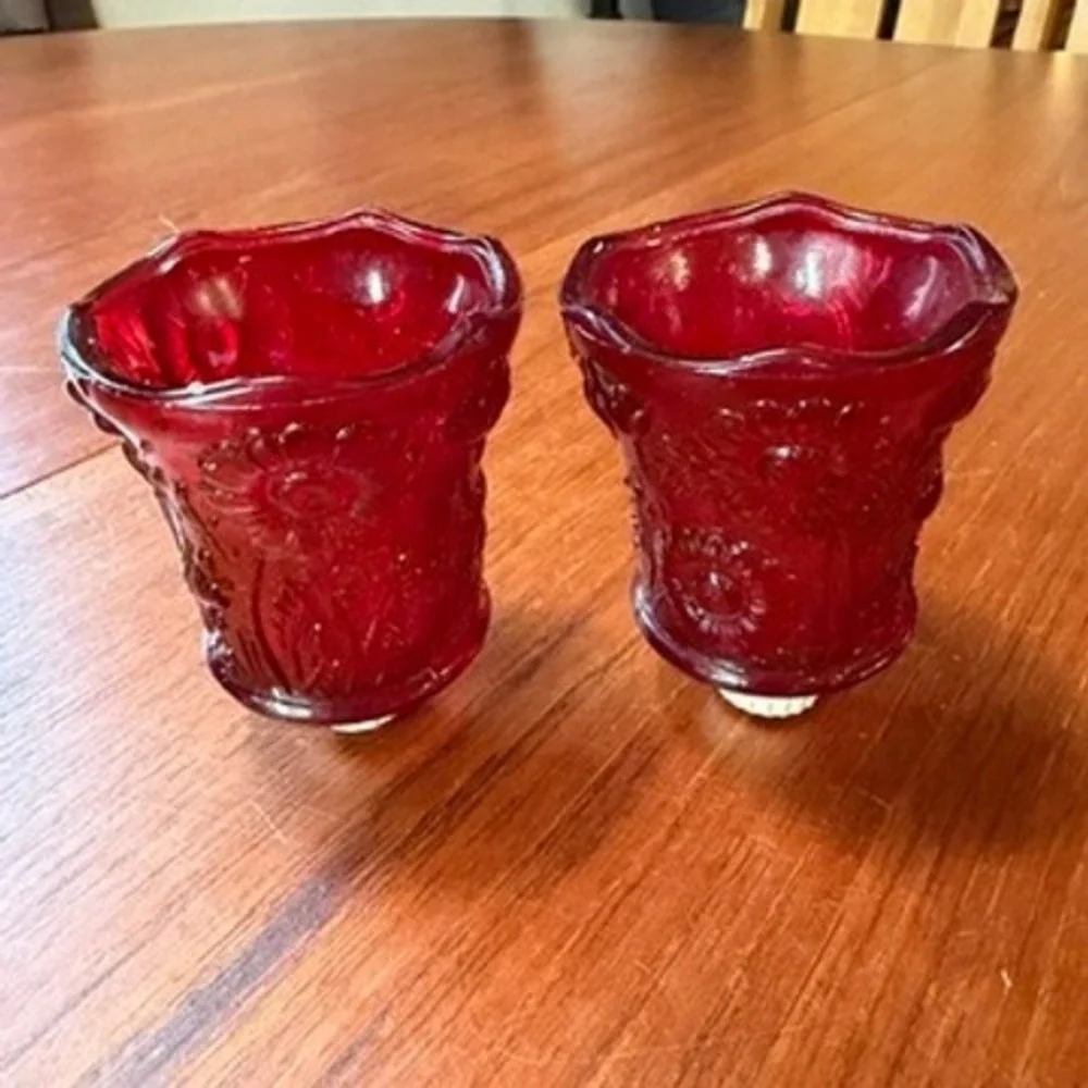 TWO Vintage Ruby Red Glass Floral Daisy Peg Votive Candle Holders MCM Retro